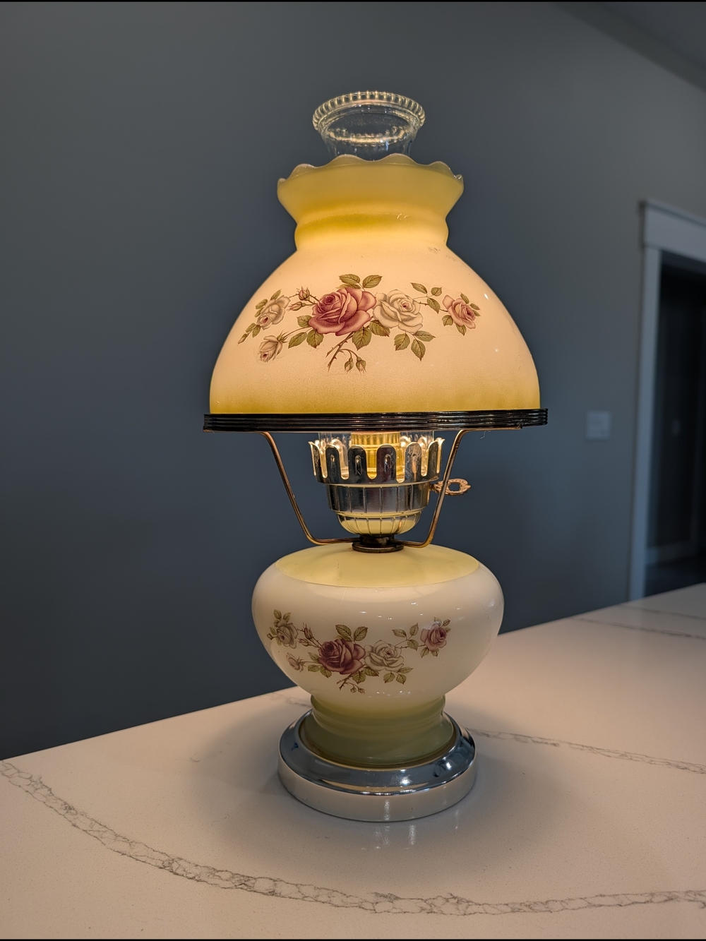 Vintage Gone With the Wind Hurricane Lamp Rose Floral Frosted Milk Glass Works